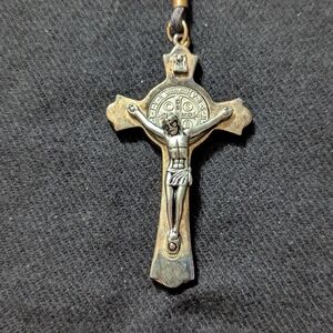 Silver And Brass Tone Saint Benedict Cross Crucifix Pendant Statement Necklace